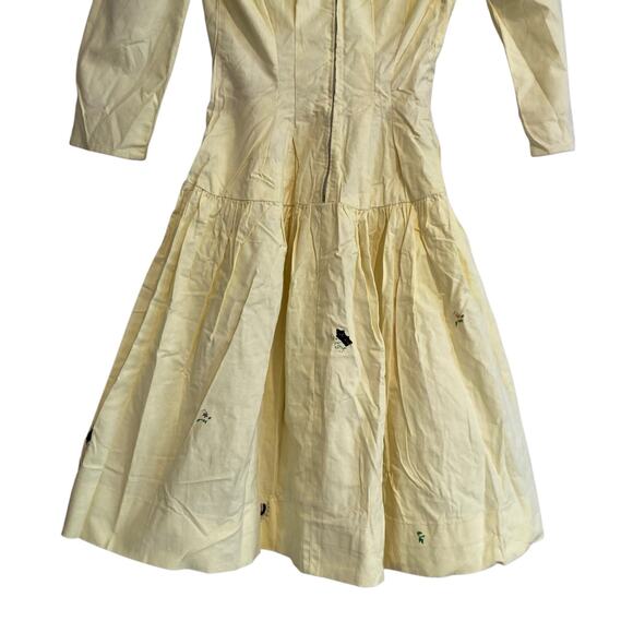 Vintage 40s 50s Butter Yellow Long Sleeve Drop Waist Embroidered Dress Sz XS - Picture 15 of 16